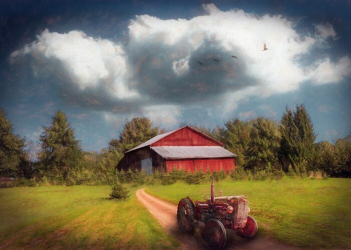 Barn Greeting Card featuring the photograph Red Tractor on the Farm Trail Painting by Debra and Dave Vanderlaan
