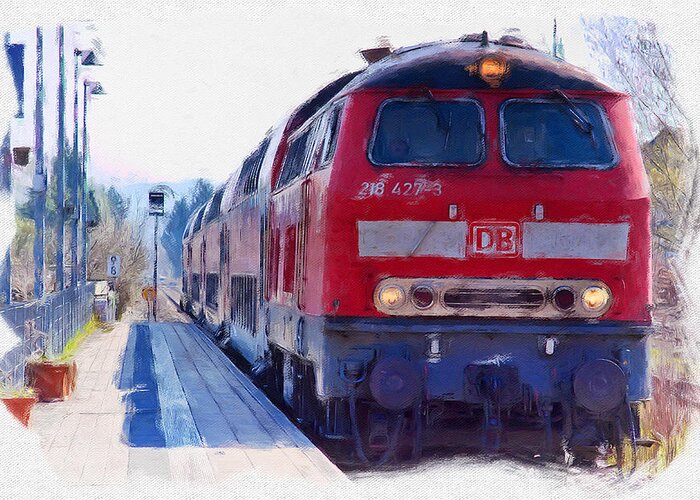 Red Train Greeting Card featuring the digital art Red train Kressbronn Germany by Tatiana Travelways