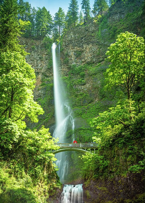 Multnomah Falls Greeting Card featuring the photograph Red Umbrella Under the Multnomah Falls by Erin K Images