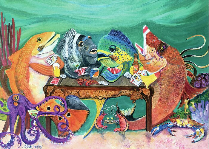 Redfish Greeting Card featuring the painting Redfish Poker Night at the Reef Bar by Linda Kegley