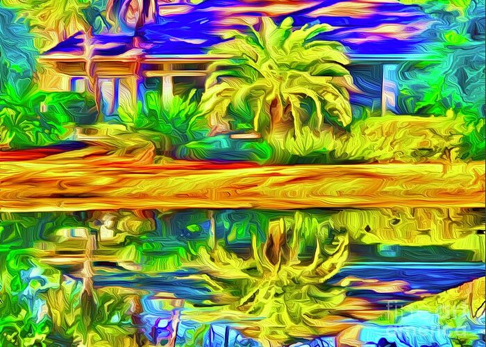 Landscape Greeting Card featuring the digital art Reflecting Palm by Michael Stothard