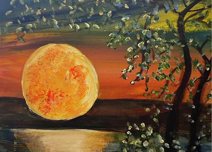 Sun Moon Trees Water Greeting Card featuring the painting Reflection by Kathy Bee