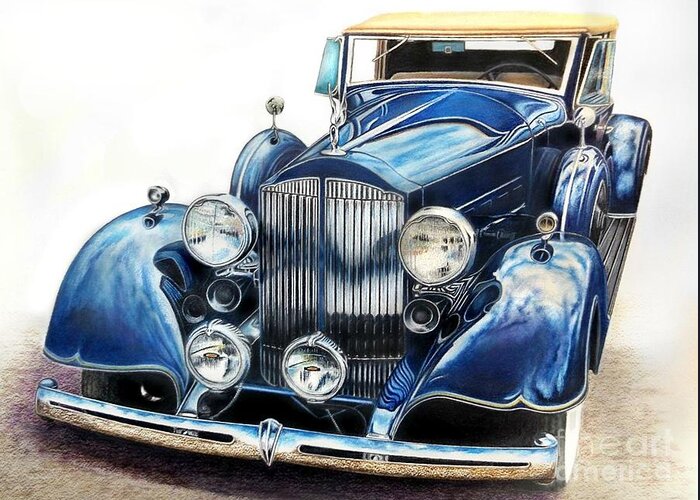 Car Greeting Card featuring the drawing Reflection on Blue by David Neace