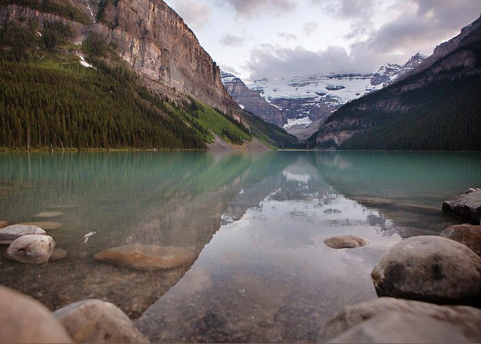 Landscape Greeting Card featuring the photograph Reflections at Lake Louise by Carolyn Ann Ryan