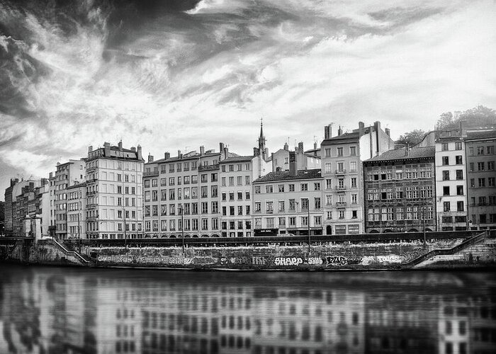 Lyon Greeting Card featuring the photograph Reflections of The Saone River Lyon France Black and White by Carol Japp