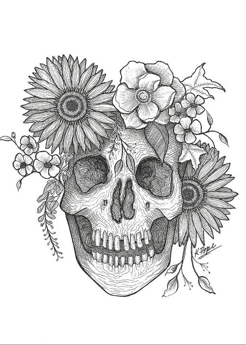 Skull Greeting Card featuring the painting Regal Blossoms Crowned Skull by Kenneth Pope