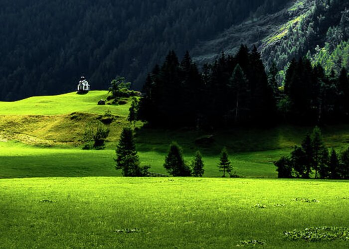 Abandoned Greeting Card featuring the photograph Remote Chapel In Rural Landscape At Mountain Grossvenediger In Tirol In Austria by Andreas Berthold
