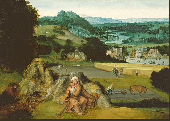 Joachim Patinir Greeting Card featuring the painting Rest on the Flight into Egypt and the Miraculous Field of Wheat by Joachim Patinir