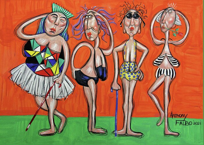 Swimsuit Models Greeting Card featuring the painting Retired Swimsuit Models by Anthony Falbo