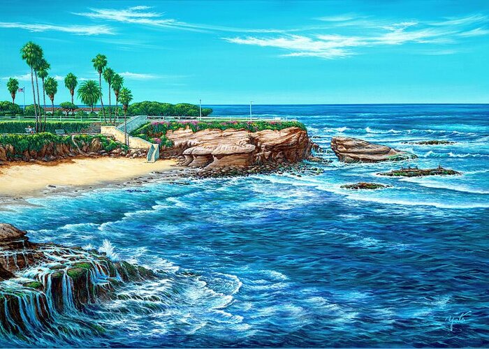 San Diego Greeting Card featuring the painting San Diego, Retirement at La Jolla Cove by John YATO