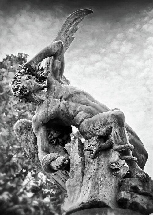 Madrid Greeting Card featuring the photograph Retiro Park Madrid Fallen Angel Black and White by Carol Japp