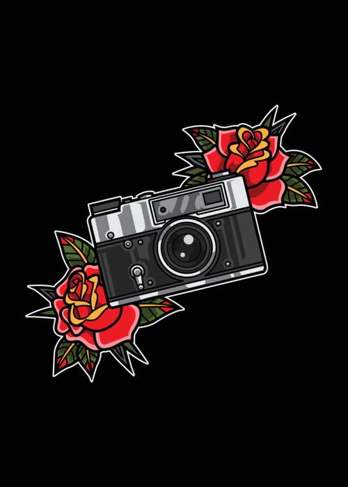 Photography Greeting Card featuring the digital art Retro analog camera with flower decoration by Mister Tee