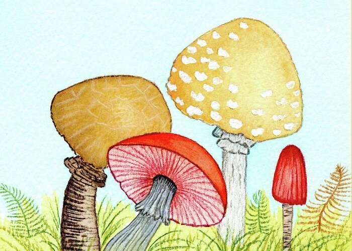 Retro Mushrooms Greeting Card featuring the painting Retro Mushrooms 1 by Donna Mibus
