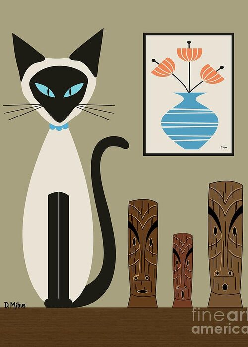 Mid Century Cat Greeting Card featuring the digital art Retro Siamese with Tikis by Donna Mibus