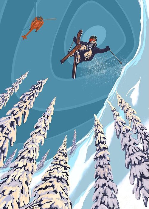 Retro Ski Art Greeting Card featuring the painting Retro Ski Jumper Heli Ski by Sassan Filsoof