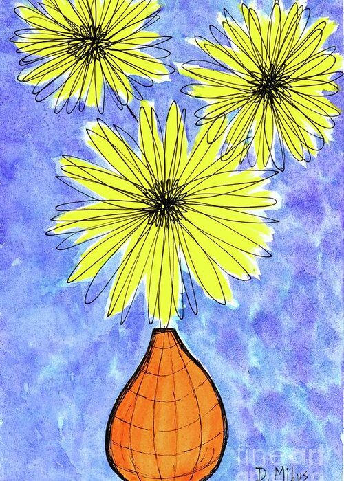 Mid Century Flowers Greeting Card featuring the painting Retro Yellow Flowers in Orange Vase by Donna Mibus