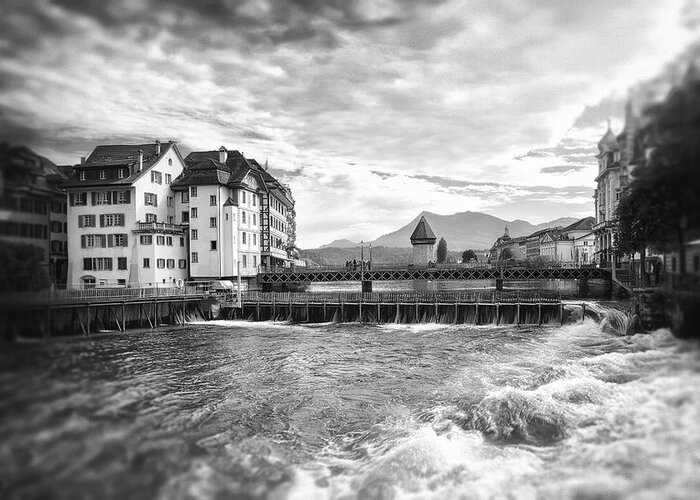 Lucerne Greeting Card featuring the photograph Reuss River Lucerne Switzerland Black and White by Carol Japp
