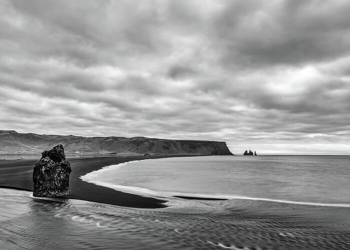 Reynisfjara Greeting Card featuring the photograph Reynisfjara Black Sand Beach in Iceland in Black and White by Alexios Ntounas