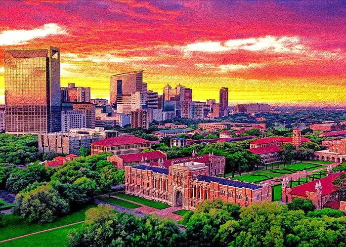 Rice University Greeting Card featuring the digital art Rice University campus with the Texas Medical Center seen in the distance at sunset, in Houston by Nicko Prints