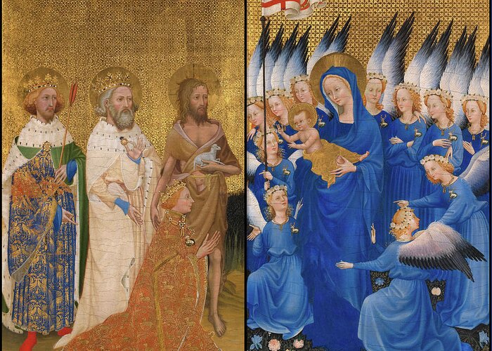 Wilton Diptych Greeting Card featuring the painting Richard II Presented to the Virgin and Child by his Patron Saint John the Baptist and Saints Edward by Wilton Diptych