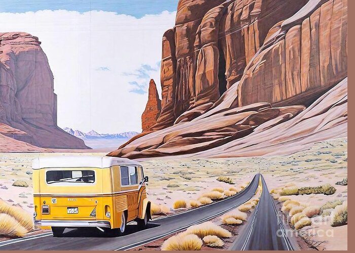 Road Greeting Card featuring the painting Ride in Arches Park Painting road rock van blue sky arches acrylic art artistic artwork asphalt auto automobile automotive autumn blurred book illustration brush strokes car classic color digital by N Akkash