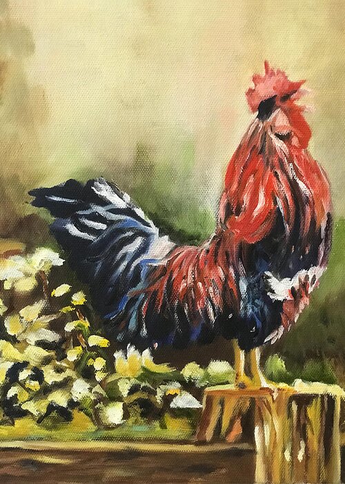 Colorful Rooster Greeting Card featuring the painting Rise and Shine by Juliette Becker