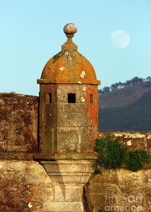 Portugal Greeting Card featuring the photograph Rising moon and tower of Forte de Ancora Portugal by James Brunker