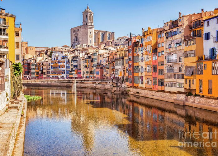 Cathedral Of Saint Mary Of Girona Greeting Card featuring the photograph River and Cathedral, Girona, Spain by Colin and Linda McKie