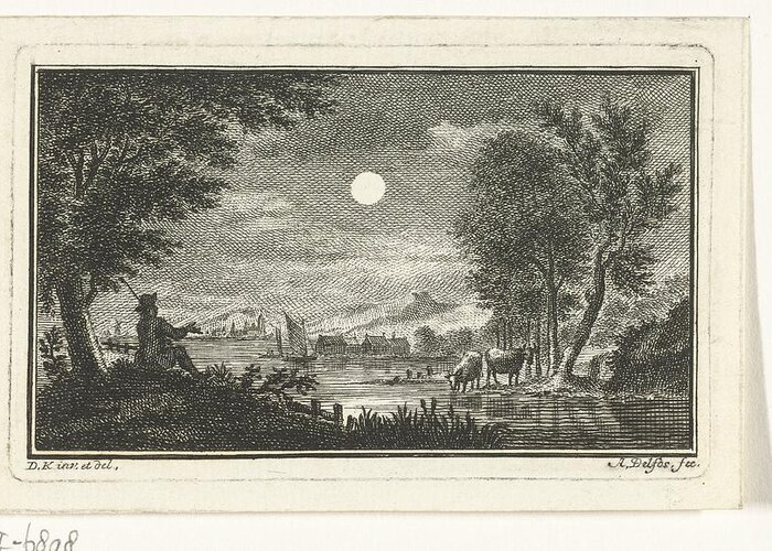 Vintage Greeting Card featuring the painting River view with herder in moonlight, Abraham Delfos, after Dirk Kuipers, by MotionAge Designs