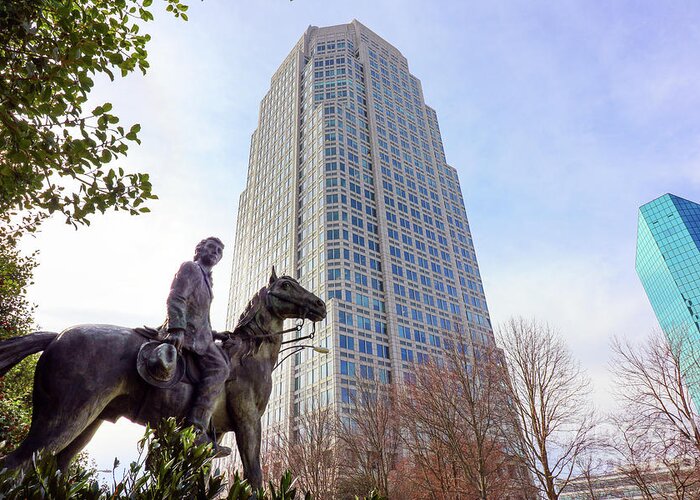 Winston Salem Greeting Card featuring the photograph RJ Reynolds Statue and Wells Fargo Building 0494 by Jack Schultz