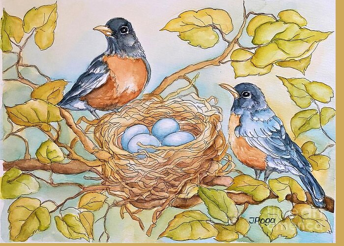 Bird Greeting Card featuring the painting Robins nest by Inese Poga