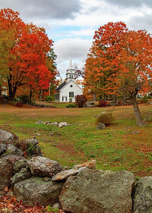 Hillsboro Church In Fall Colors Greeting Card featuring the photograph Rock wall before the Hillsboro Church by Jeff Folger