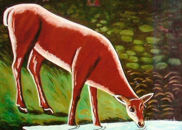 Deer Greeting Card featuring the painting Roe Deer by a Creek by George I Perez