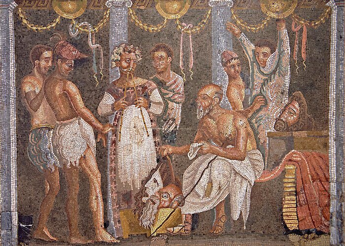 Actor Greeting Card featuring the photograph Roman mosaic of actors from the Casa del Poet Tragic - Pompeii - Naples Archaeological Musum by Paul E Williams