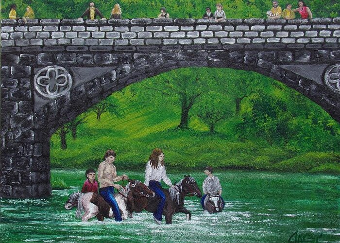 Art Greeting Card featuring the painting Romanichal Ponies On The River Eden by The GYPSY