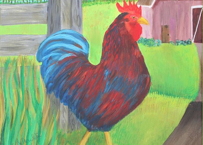 Rooster Hen Diptych Farm Valley Barn Hill Greeting Card featuring the painting Rooster Says Cockle-doodle Dooo by Elizabeth Mauldin