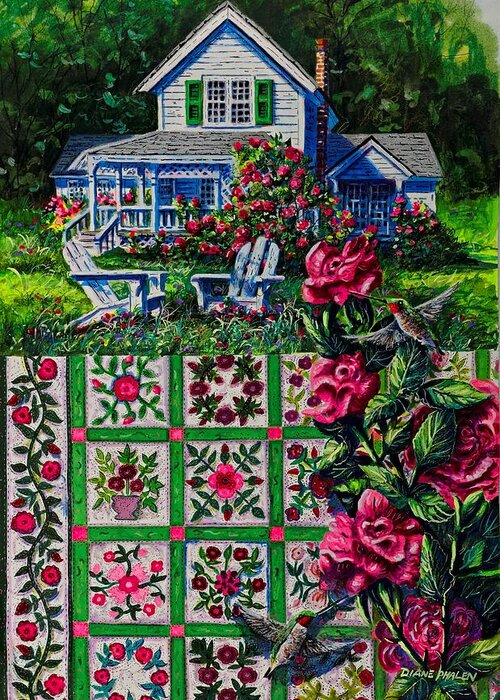 A Patchwork Quilt Of Traditional Rose Patterns In A Rose Garden With Hummingbirds Greeting Card featuring the painting Rose Garden by Diane Phalen