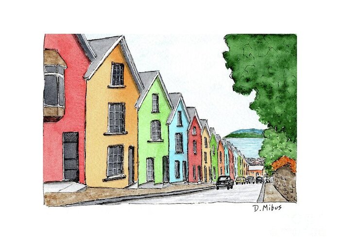 Colorful Houses Greeting Card featuring the painting Row of Colorful Houses by Donna Mibus