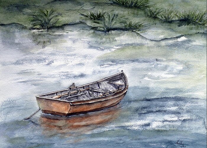 Boat Greeting Card featuring the painting Rowboat's Reflection by Kelly Mills