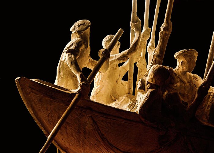 Rowing Boat Sculpture Figurine Sepia Greeting Card featuring the photograph Rowing Sculpture1 by John Linnemeyer