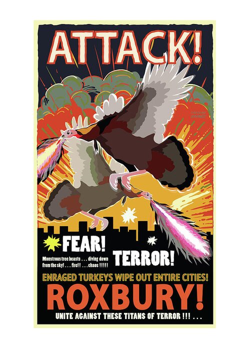 Brookline Turkeys Greeting Card featuring the digital art Roxbury Attack by Caroline Barnes
