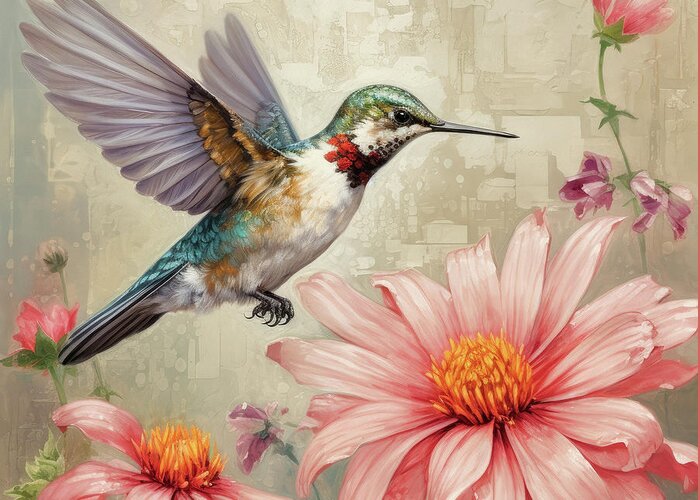 Ruby Throated Hummingbird Greeting Card featuring the painting Ruby And The Daisy 2 by Tina LeCour