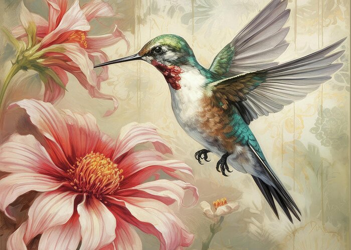 Hummingbird Greeting Card featuring the painting Ruby And The Daisy by Tina LeCour