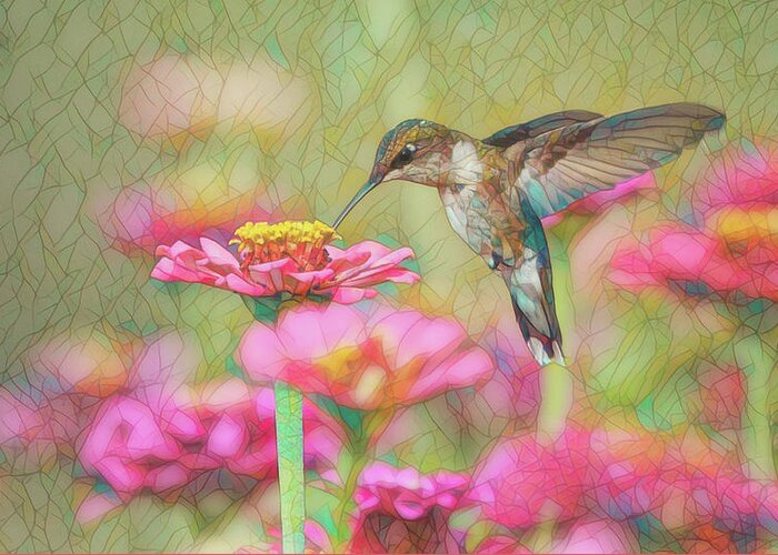 Hummingbird Greeting Card featuring the photograph Ruby on Zinnias by Linda Shannon Morgan