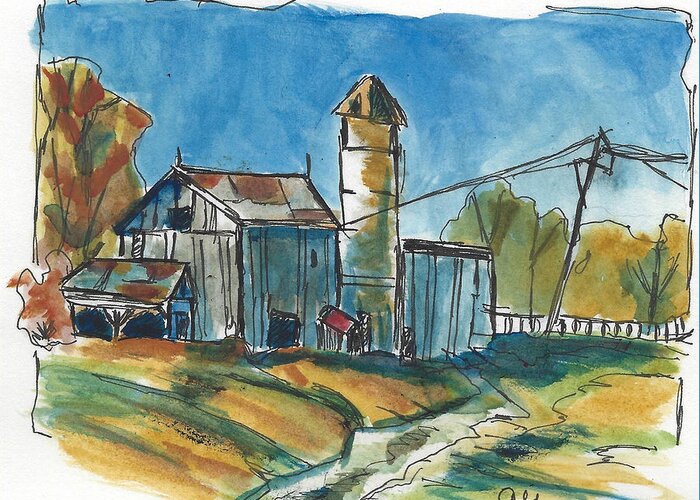 Barn Greeting Card featuring the painting Rustic Barn Watercolor and Ink Painting of a Barn with Silo during Autumn by Ali Baucom
