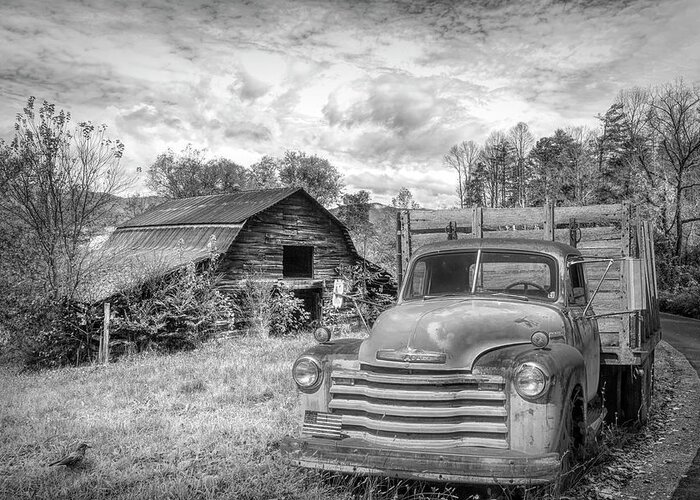 Andrews Greeting Card featuring the photograph Rusty Big Truck Black and White by Debra and Dave Vanderlaan