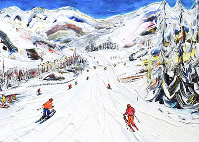 Skicircus Greeting Card featuring the painting Saalbach Hinterglemm Village ViewSki Poster and Ski Print by Pete Caswell