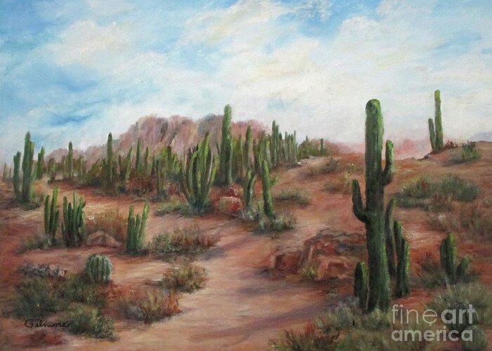 Landscape Greeting Card featuring the painting Saguaro Trail by Roseann Gilmore