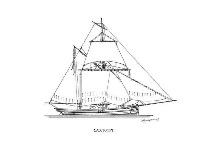 Sailing Vessels Greeting Card featuring the drawing Sahtouri - traditional Greek sailing ship by Panagiotis Mastrantonis