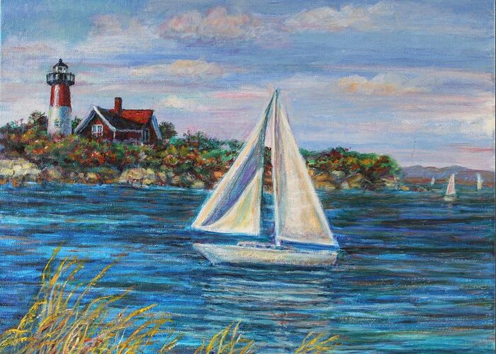 Sailboat Greeting Card featuring the painting Sailboat On The Rhode Island Coast by Veronica Cassell vaz